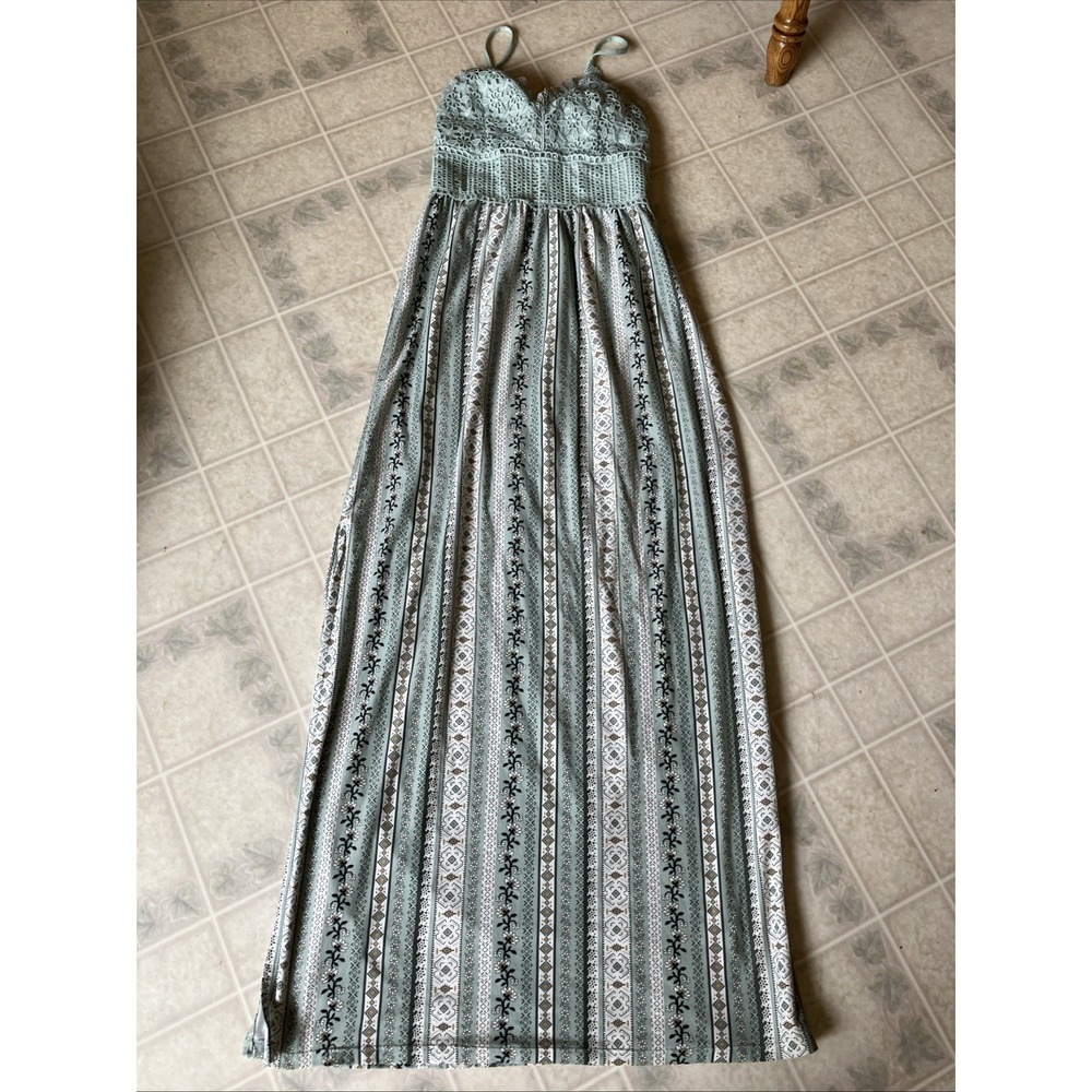 90's Festival Crochet Lace Bodice Mint Green Floral Slit Skirt Maxi Slip Dress
